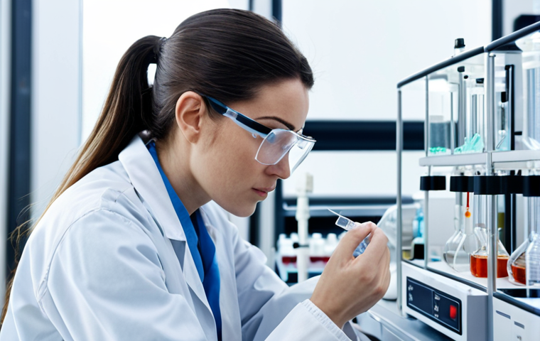 **Environmental scientist examining water samples in a lab. Focus on analytical equipment and scientific process.**