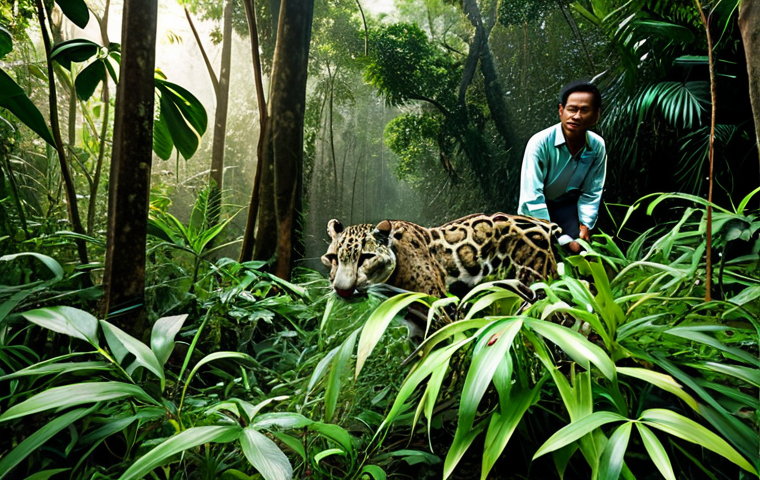 환경보전기술자 직무 수행 도구 - Camera Trap in the Jungle**
"Camera trap setup in a lush Thai jungle, capturing a clouded leopard w...