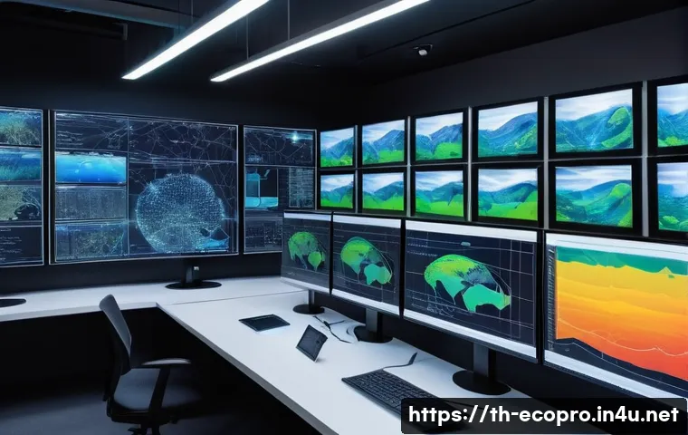 환경보전기술자 직무에 필요한 자격증 - **Prompt:** "A clean, modern environmental monitoring center at dusk, showcasing advanced digital te...