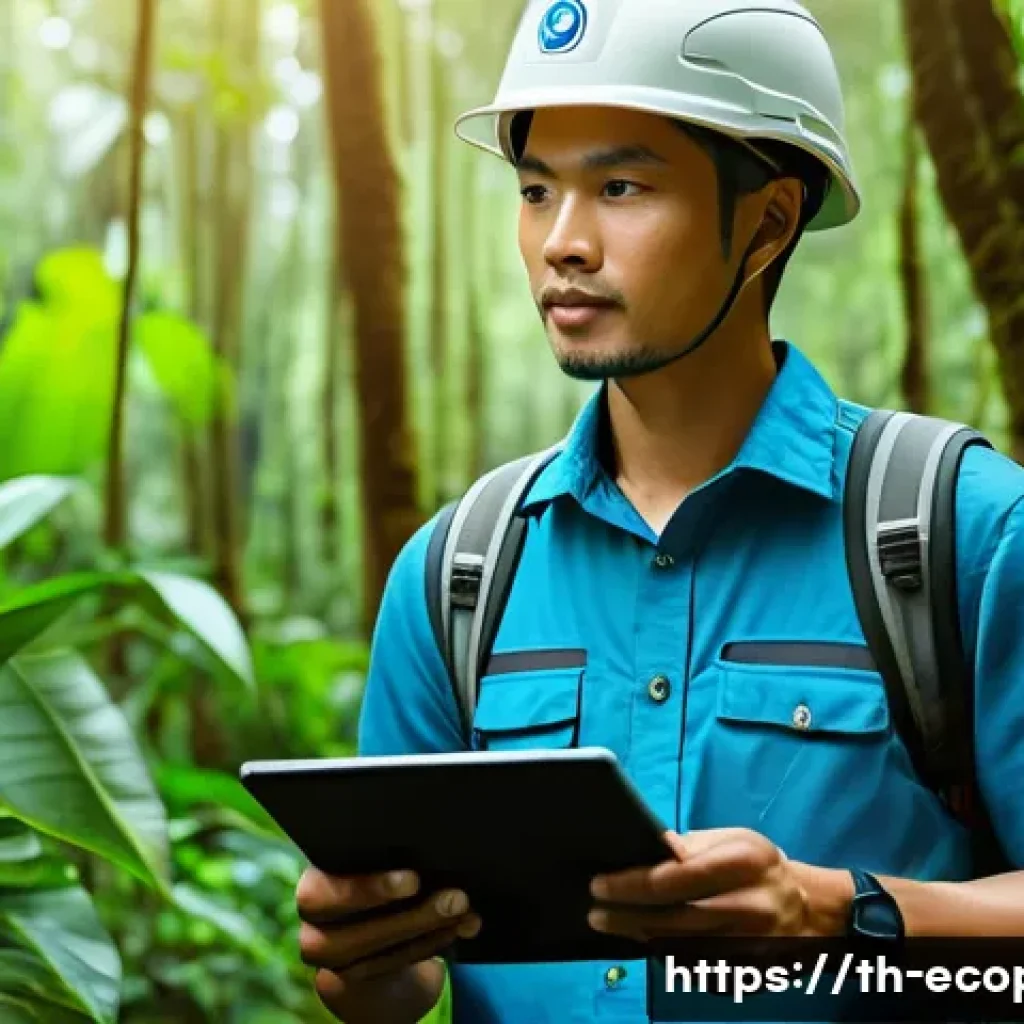 환경보전기술자 자격증 취득 후 성장 - A professional environmental conservation expert in Thailand wearing smart casual attire with a badg...