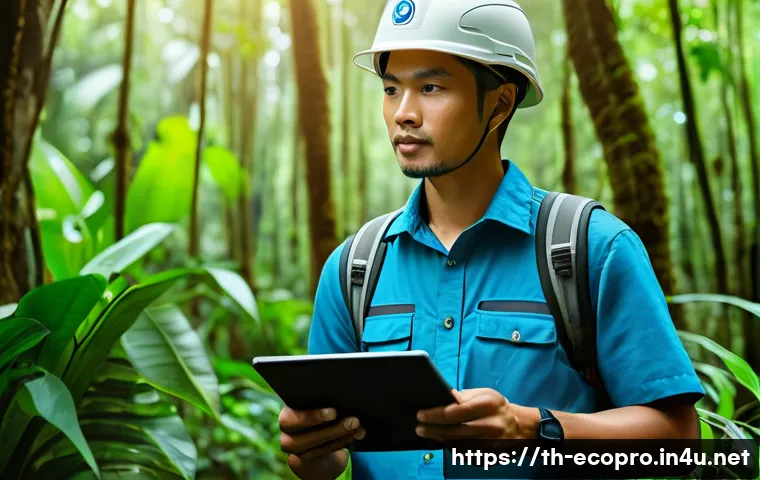 환경보전기술자 자격증 취득 후 성장 - A professional environmental conservation expert in Thailand wearing smart casual attire with a badg...