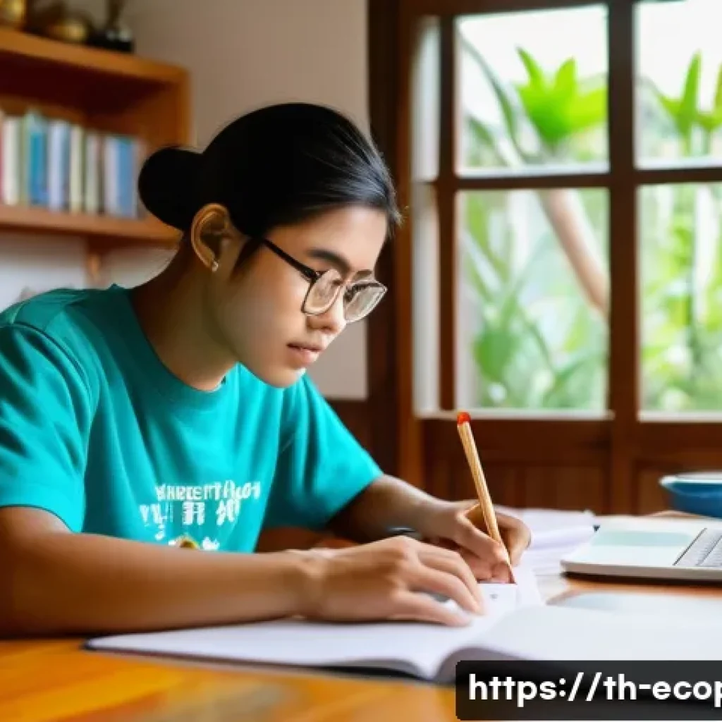 환경보전기술자 필기시험 학습법 - A focused Thai student studying environmental conservation technology in a cozy home study room, sur...