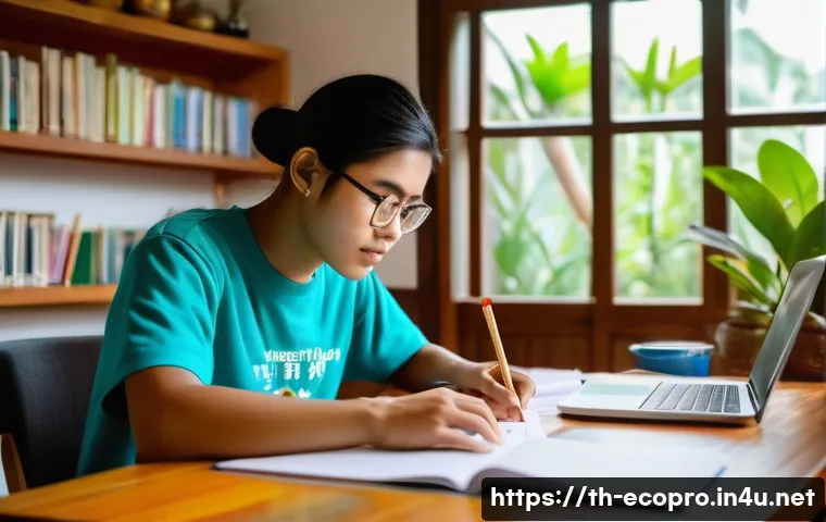 환경보전기술자 필기시험 학습법 - A focused Thai student studying environmental conservation technology in a cozy home study room, sur...