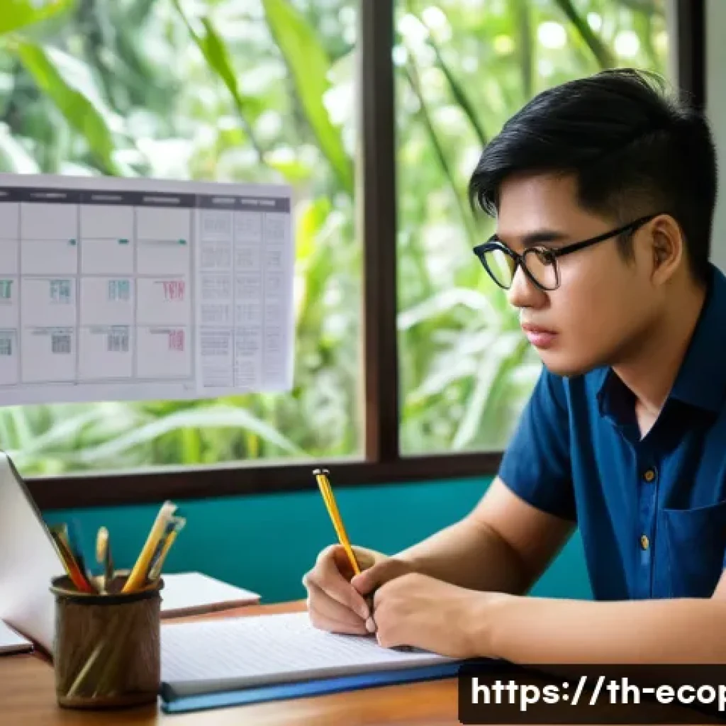 환경보전기술자 시험 준비 방법 - A detailed scene of a Thai environmental engineer studying for the certification exam at home, surro...
