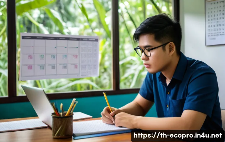 환경보전기술자 시험 준비 방법 - A detailed scene of a Thai environmental engineer studying for the certification exam at home, surro...