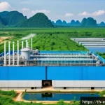 환경보전기술자 실무 활용 예시 - A detailed industrial wastewater treatment facility in Thailand, showing advanced filtration tanks, ...