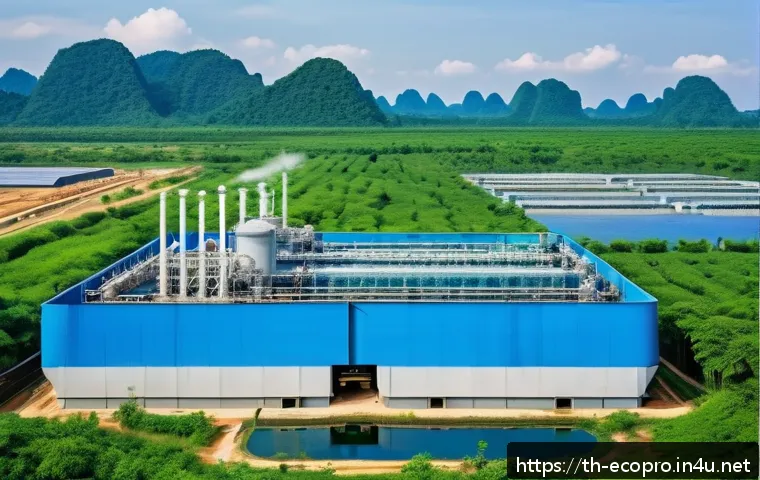 환경보전기술자 실무 활용 예시 - A detailed industrial wastewater treatment facility in Thailand, showing advanced filtration tanks, ...