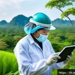환경보전기술자 직무 분석 - A professional environmental engineer conducting an environmental impact assessment in a lush Thai f...