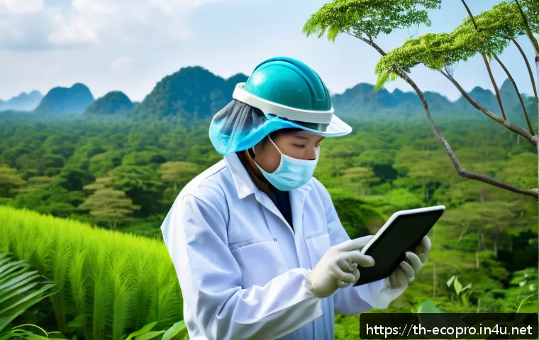 환경보전기술자 직무 분석 - A professional environmental engineer conducting an environmental impact assessment in a lush Thai f...