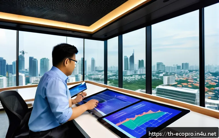 환경보전기술자 업무 관리 방법 - A modern environmental engineering project management office in Bangkok, featuring a diverse Thai te...