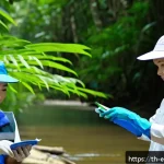 환경보전기술자 실무 경험의 중요성 - A diverse team of environmental engineers and scientists conducting water quality testing by a river...