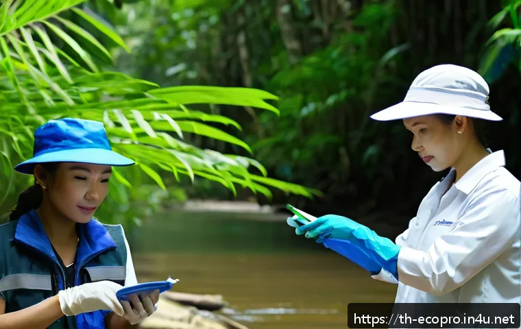 환경보전기술자 실무 경험의 중요성 - A diverse team of environmental engineers and scientists conducting water quality testing by a river...