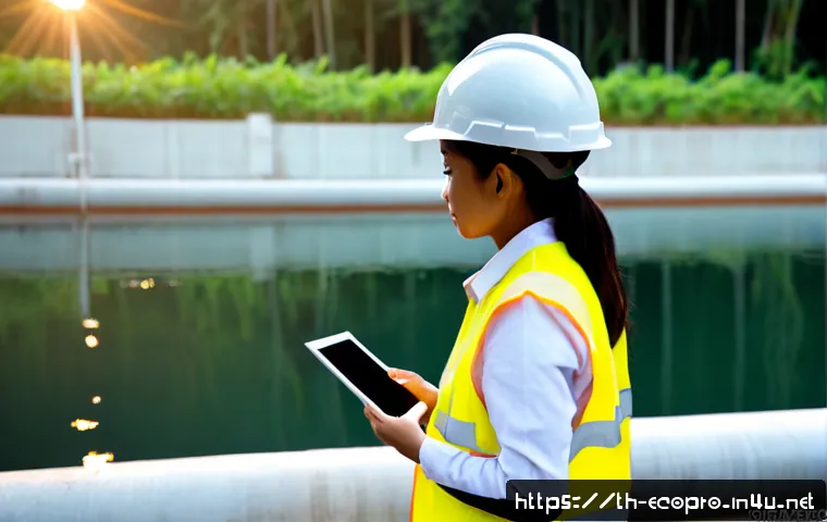 환경보전기술자 산업 분야 전망 - Photorealistic environmental conservation engineer wearing a safety helmet and reflective vest, insp...